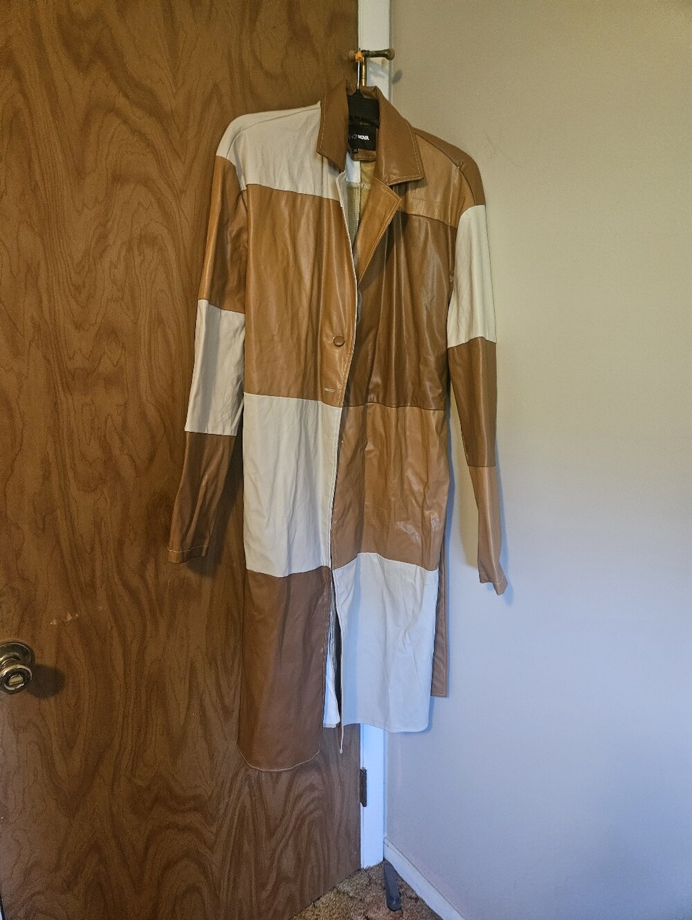 Colorblock Faux Leather Trench Coat - Tan & Cream